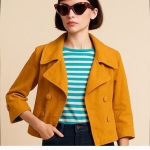 Tulle Mustard Yellow Cotton Thin Wale Corduroy Statement Collar Crop Jacket SM